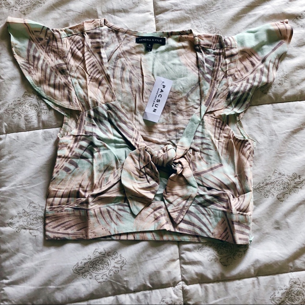Kendall + Kylie palm print bow tie front crop top